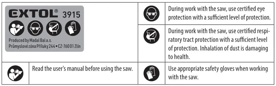 EXTOL 3915 Hand Mitre Saw - Meaning of markings on the label – safety instructions