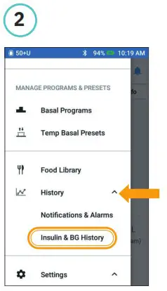 omnipod DASH Insulin Management System - How to View Insulin and BG History 2