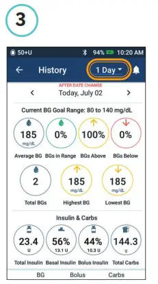 omnipod DASH Insulin Management System - How to View Insulin and BG History 3