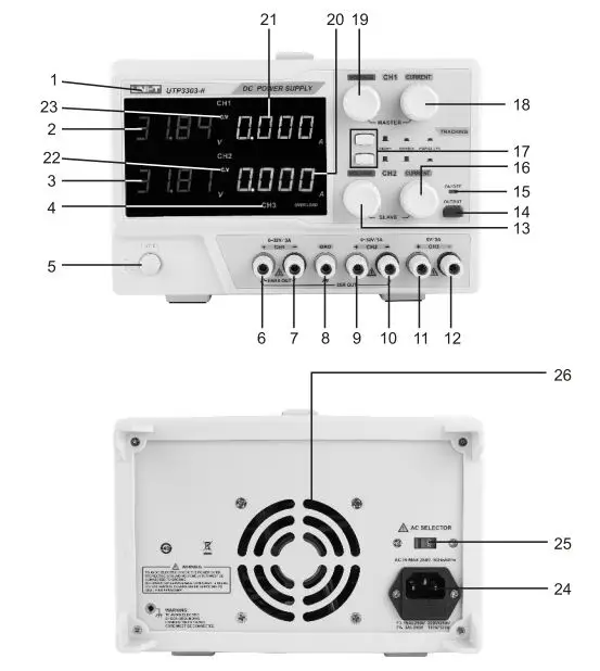 UNI-T DC Power Supply UTP3300-II User Manual - Front and Rear Panel