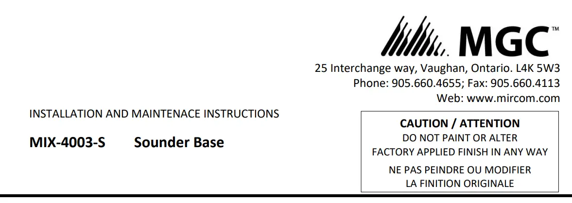 MGC MIX-4003-S Sounder Base Instruction Manual