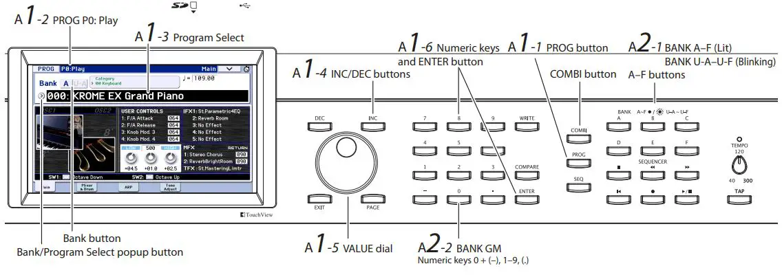 KORG Music Workstation Semi Weighted Keyboard User Guide - Selecting programs by bank and number