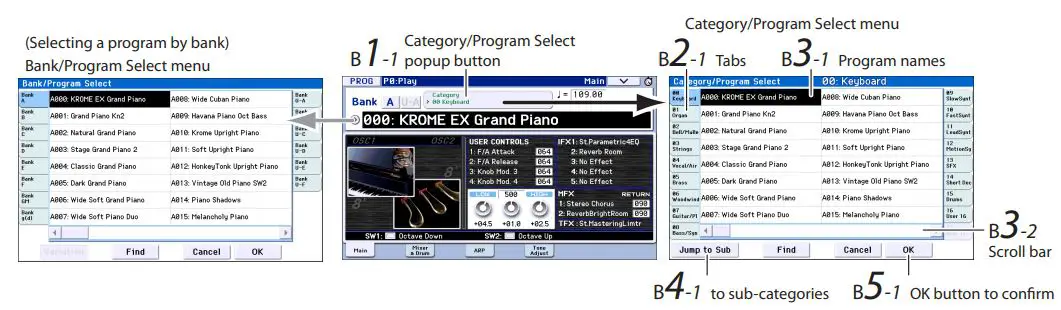 KORG Music Workstation Semi Weighted Keyboard User Guide - Selecting programs by category