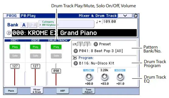 KORG Music Workstation Semi Weighted Keyboard User Guide - Selecting the Drum Track pattern & Drum tab