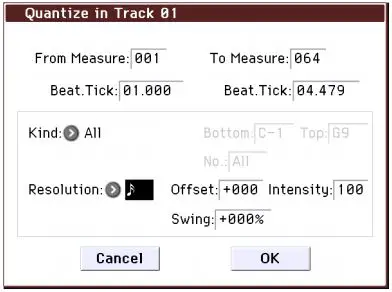 KORG Music Workstation Semi Weighted Keyboard User Guide - The Quantize dialog appears