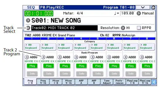 KORG Music Workstation Semi Weighted Keyboard User Guide - Track Select Track Program