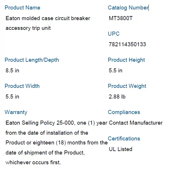 EATON MT3800T Molded Case Circuit Breaker Accessory Trip Unit 1