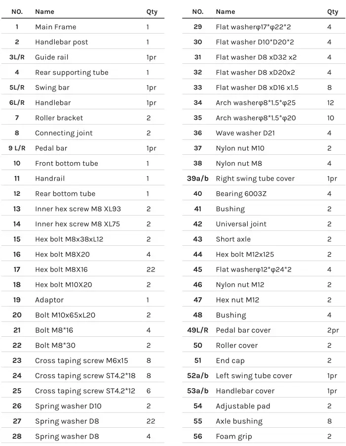 LIFESPAN XT-38 Cross Trainer - PARTS LIST 1