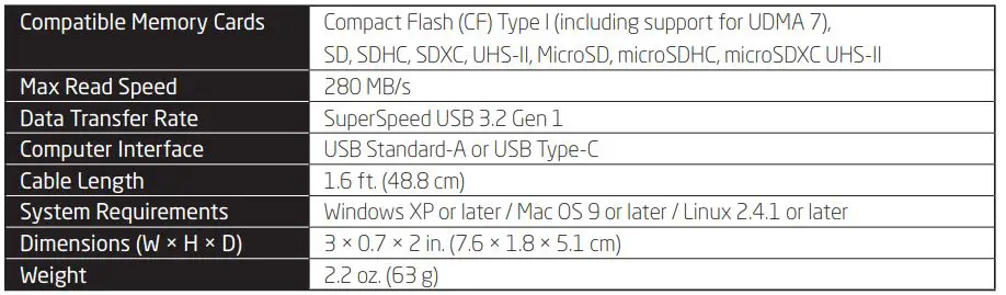 XCELLON CR-M10 Aluminum Multi-Card Reader User Manual - Specification