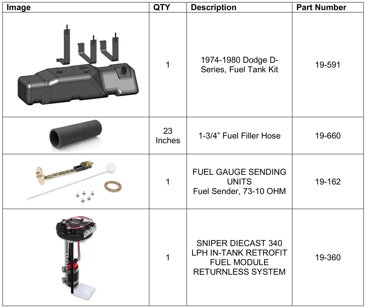 Holley 19-591 Dodge D-Series Truck EFI Conversion Fuel Tank - Parts List