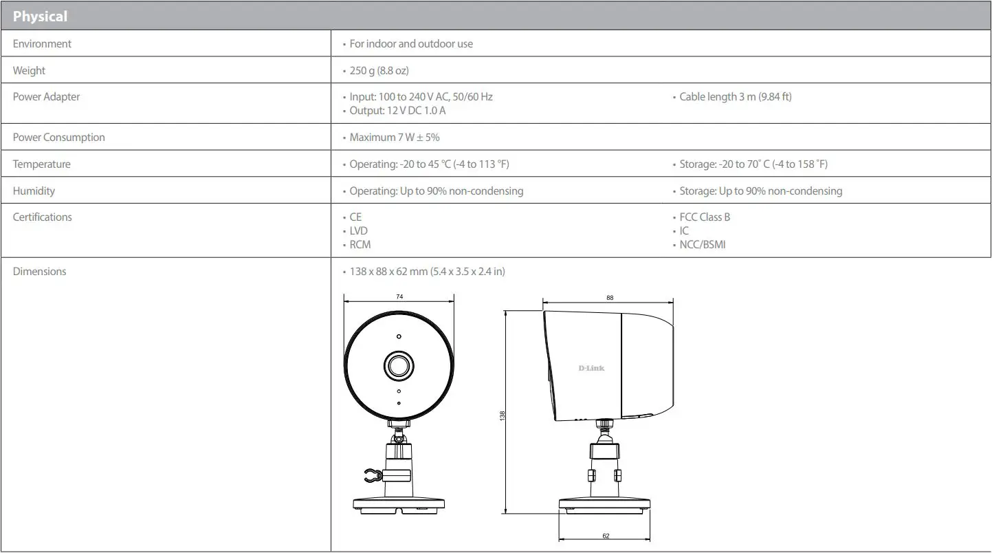 D-Link Full HD Wi-Fi Camera DCS-8302LH User Manual - Technical Specifications
