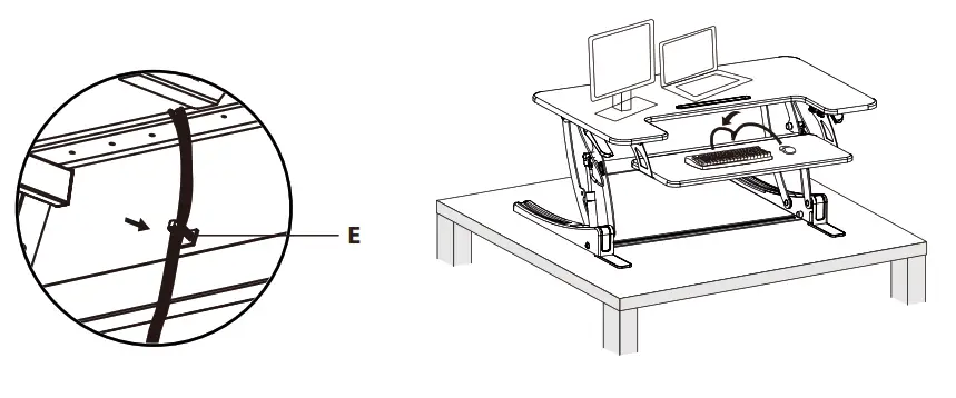 Attach cable clip (E) to desk to manage keyboard and mouse cables