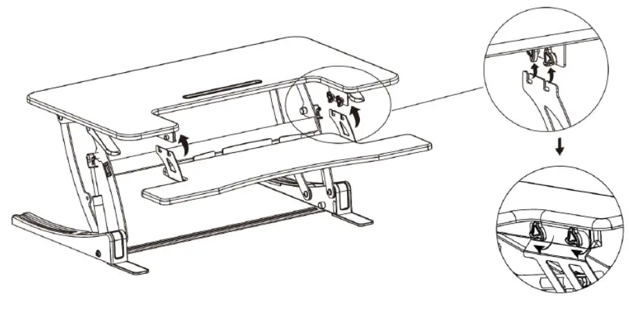 Hang assembled keyboard tray onto pre-installed knobs