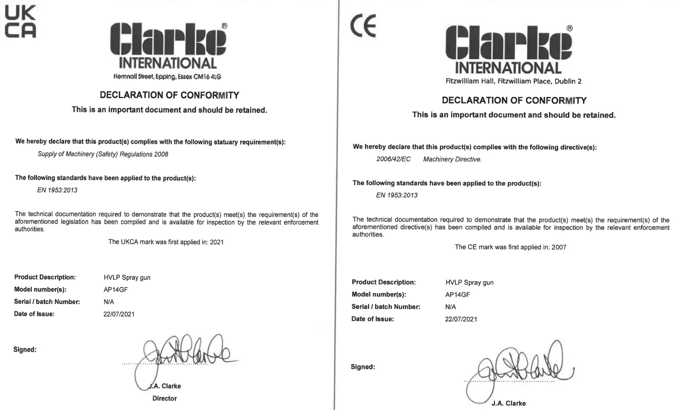 Clarke AP14GF Professional Gravity Fed HVLP Spray Gun - conformity