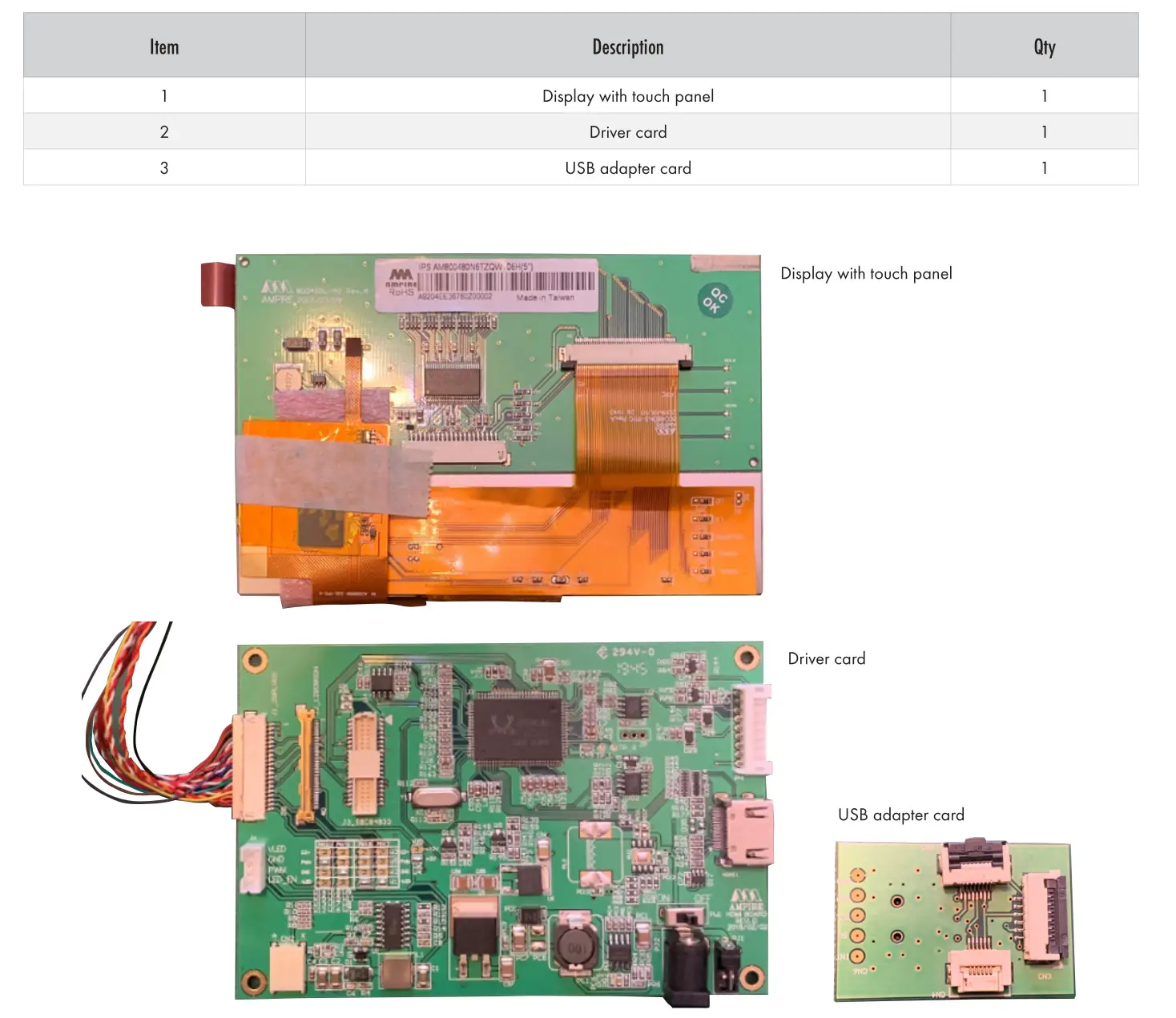 IDS AM-800480N6TZQW-T06H LCD Touch Screen - KIT CONTENTS