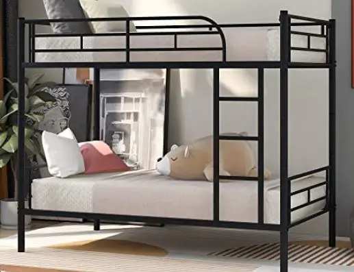 GODEER 035D White Twin over Twin Bunk Bed with Metal Frame and Ladder