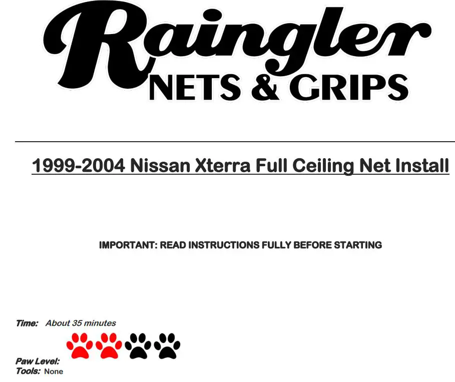Raingler NETS GRIPS 1999-2004 Nissan Xterra Full Ceiling Net Installation Guide