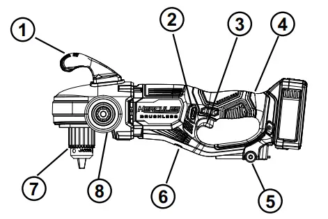 HERCULES HCB96B 20V Brushless 1-2 Inch Heavy Duty Variable Speed Right Angle Drill - Fig 1