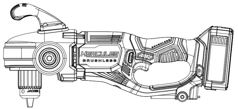 HERCULES HCB96B 20V Brushless 1-2 Inch Heavy Duty Variable Speed Right Angle Drill