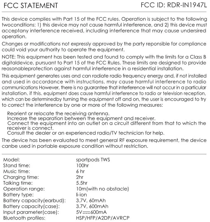 BOOMPODS SPORTS PODS TWS - FCC Statement