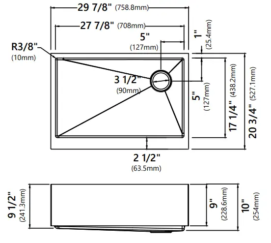Kraus KHF410-33 33 Inch Stainless Steel Farmhouse - Dimensions1