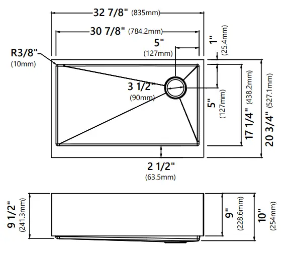 Kraus KHF410-33 33 Inch Stainless Steel Farmhouse - Dimensions2