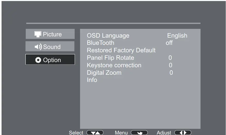 GPX PJ770B Mini Rechargeable Projector with Bluetooth - Options Menu