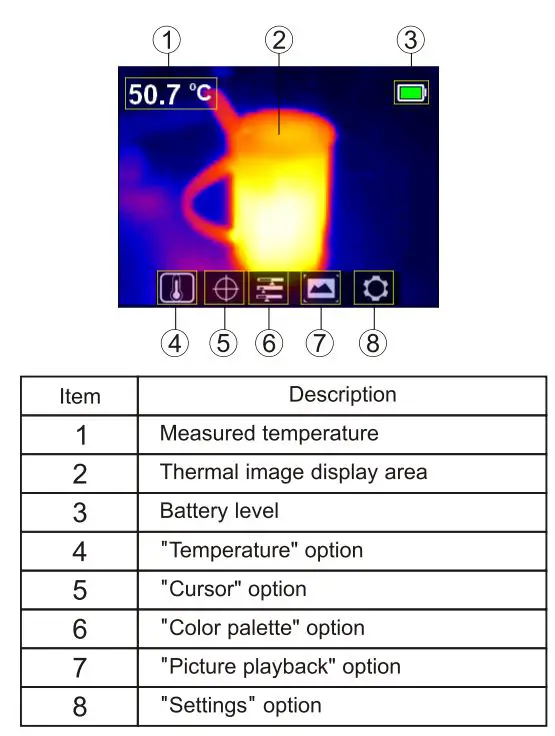 UNI-T UTi80P Compact Thermal Imager User Manual - Display