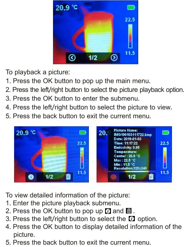 UNI-T UTi80P Compact Thermal Imager User Manual - Picture Playback