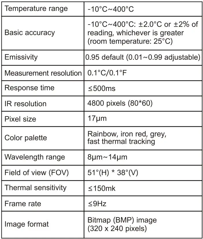 UNI-T UTi80P Compact Thermal Imager User Manual - Specifications