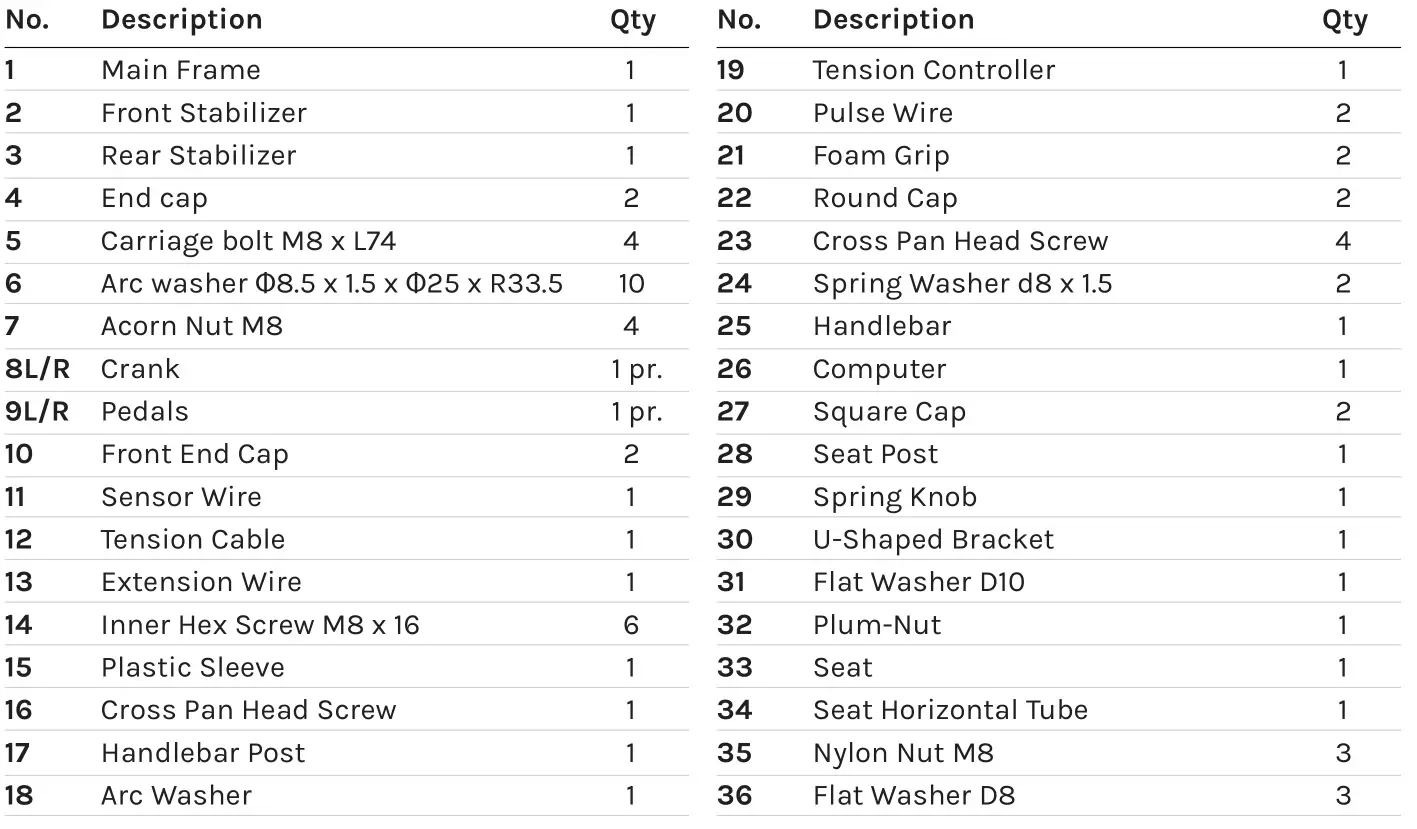 LIFESPAN EXER-58 Exercise Bike - PARTS LIST