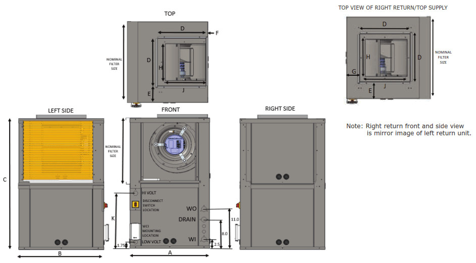 TRANE GEVG Water Source Heat Pump - right return
