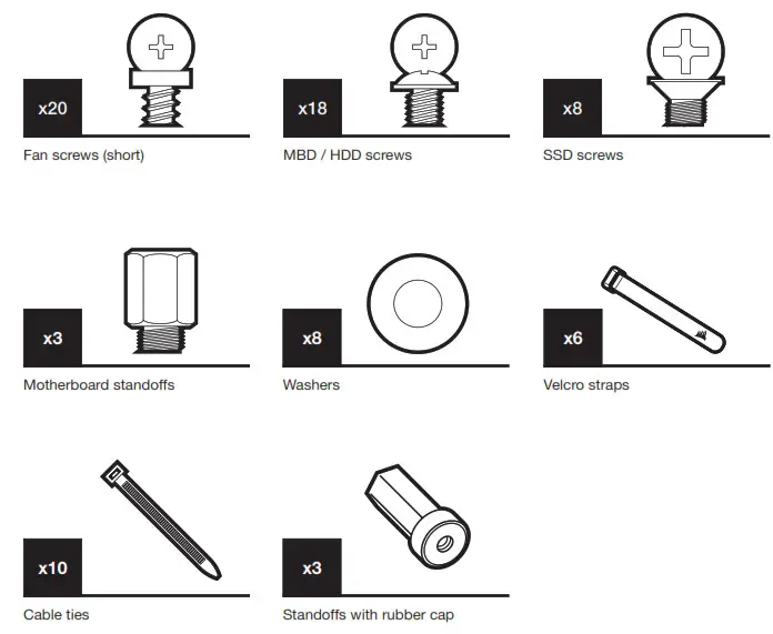 CORSAIR 7000D7000D AIRFLOW Full Tower PC Case - ACCESSORY KIT CONTENTS