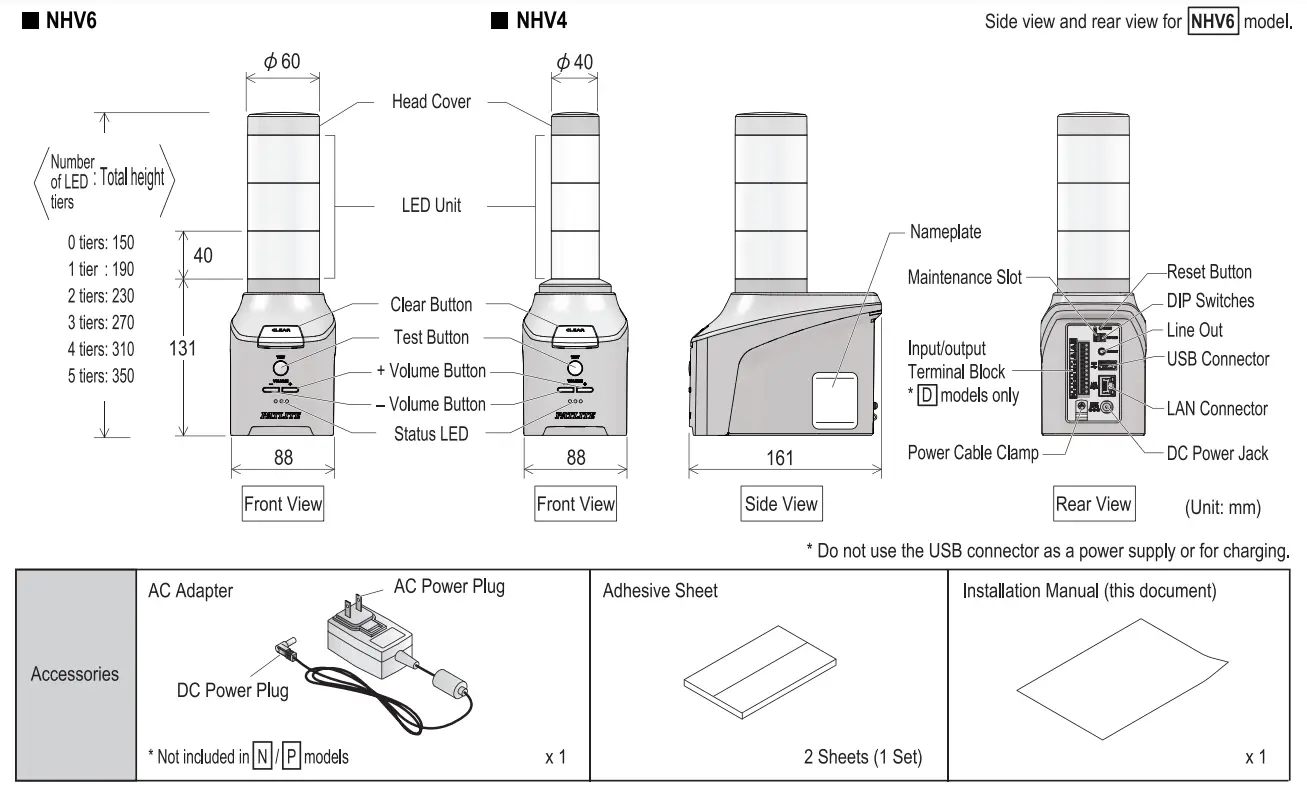 PATLITE NHV4 Network Signal Tower with Voice Annunciator - Dimensions