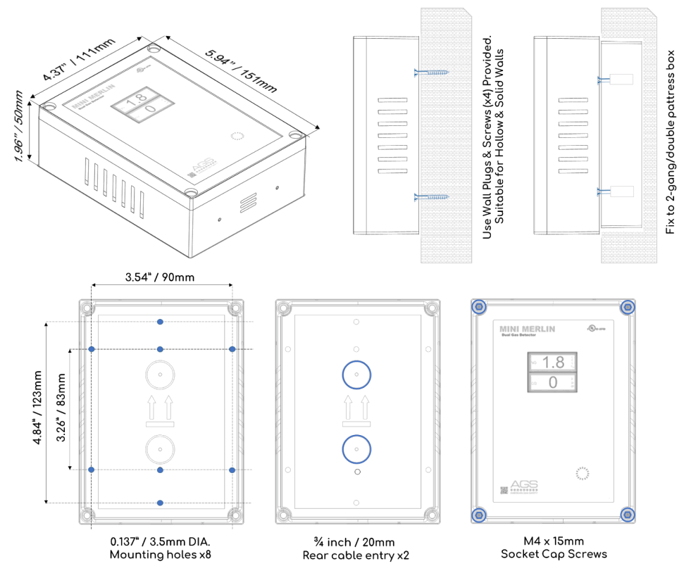 AGS Mini Merlin CH4CO v2 TX Dual Gas Detector - Mounting & Cabling