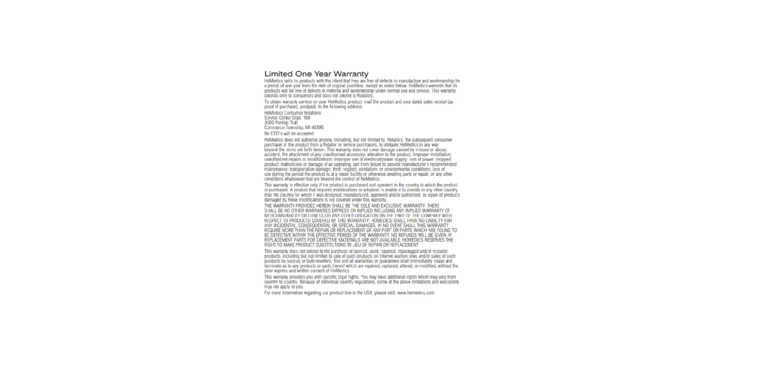 Homedics Ofpl-1 Obusforme Warranty Information Homedics Ofpl-1 Obusforme Warranty Information