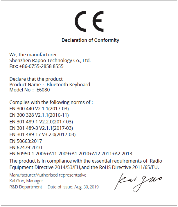 rapoo E6080 Bluetooth Keyboard conformity