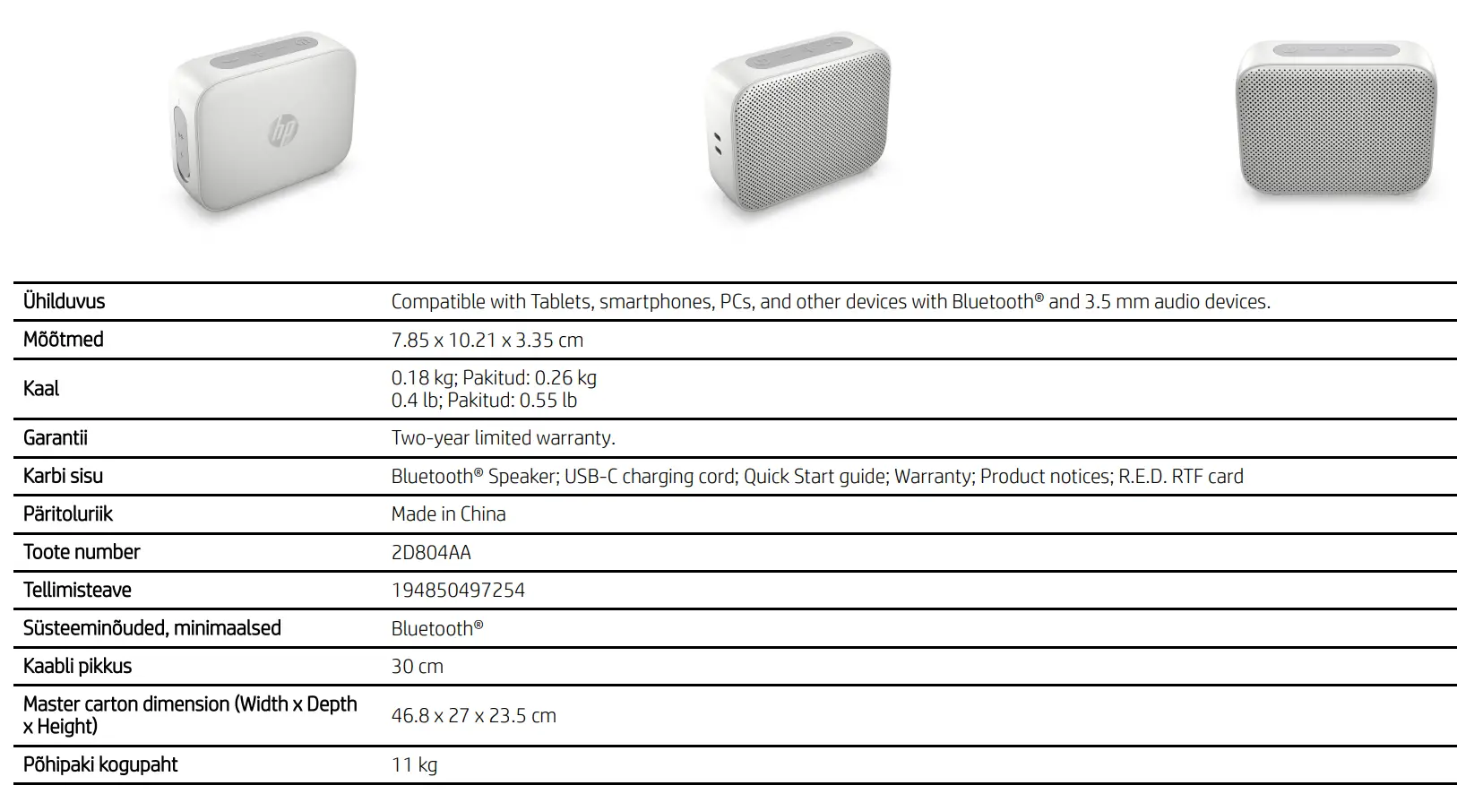 hp C06973228 Silver Bluetooth Speaker User Guide - HP Silver Bluetooth Speaker 350