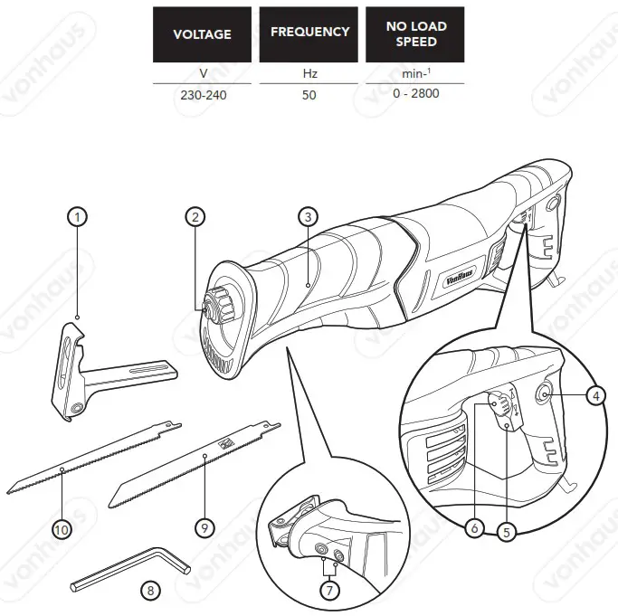 VonHaus 3500014 800W Reciprocating Saw - SPECIFICATION