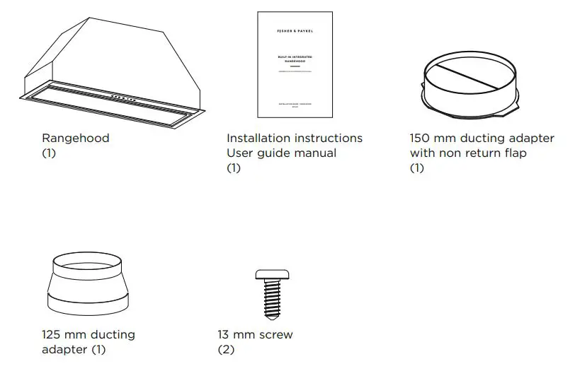 FISHER PAYKEL HP60IDCHX3 60cm Integrated Insert Rangehood - Contents of packaging