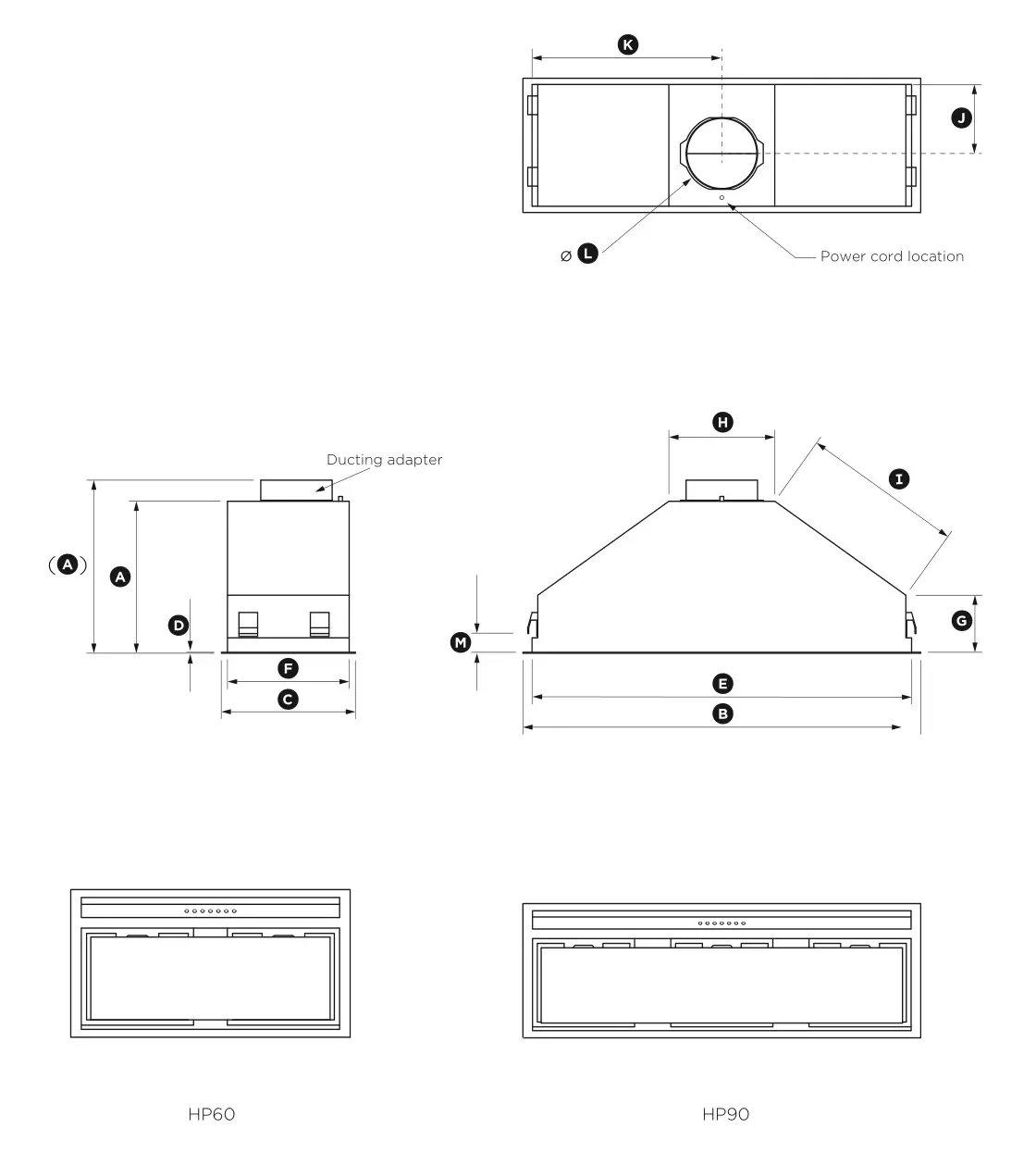 FISHER PAYKEL HP60IDCHX3 60cm Integrated Insert Rangehood - Product and cabinetry cutout dimensions