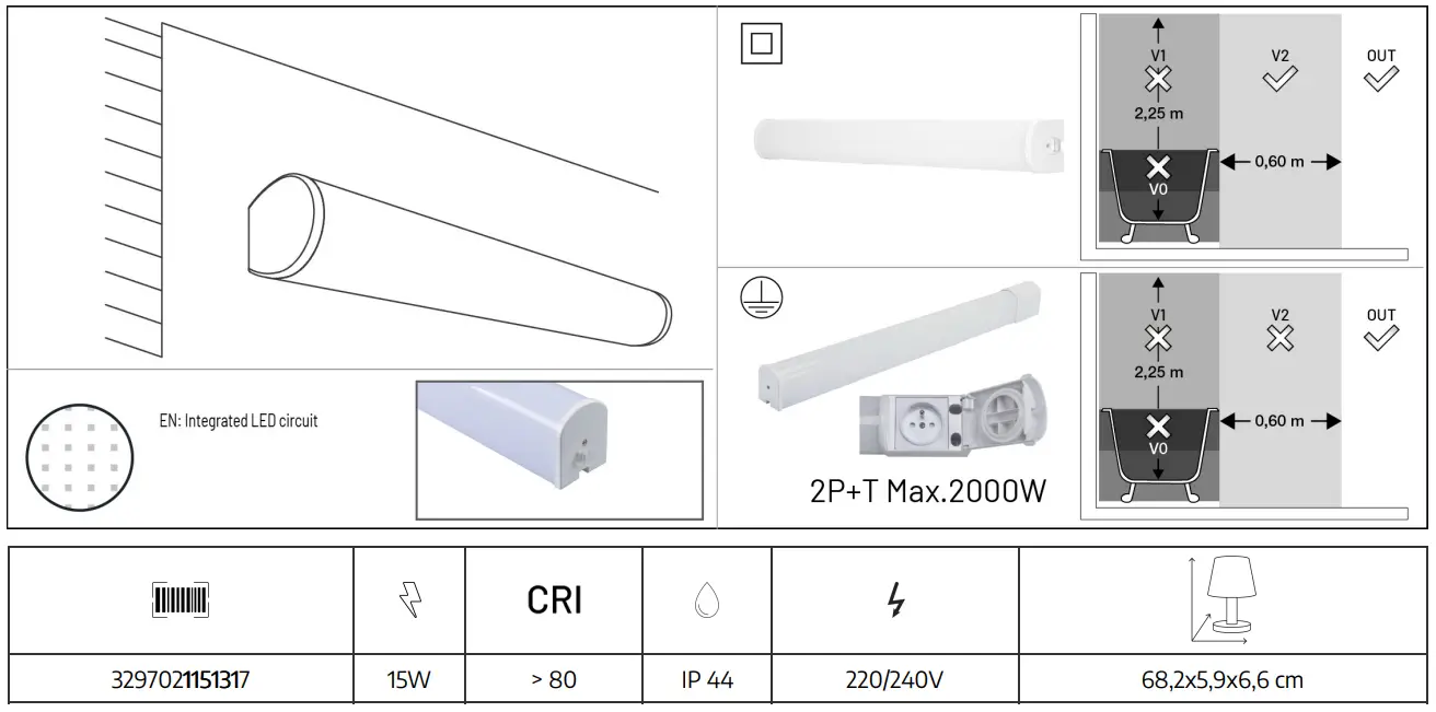 Arlux LIGHTING 3297021151300 Klip 8w Bathroom Strip 900lm - fig 1