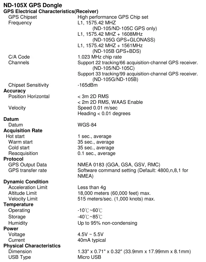 GlobalSat ND-105X GPS Dongle - SPECIFICATIONS