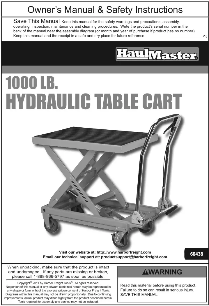 HaulMaster 1000 LB Hydraulic Table Cart Owner's Manual