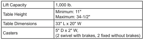 HaulMaster 1000 LB Hydraulic Table Cart - Specifications