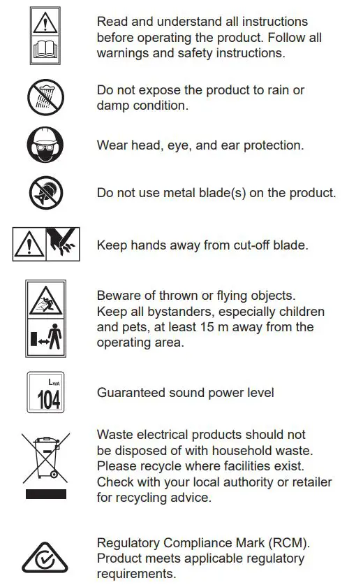 RYOBI R18LTR38 Brushless Line Trimmer Kit Instruction Manual - SYMBOLS ON THE PRODUCT