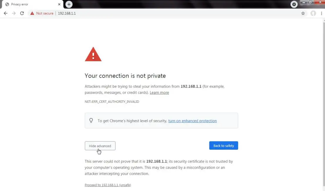Browser certificate security warning