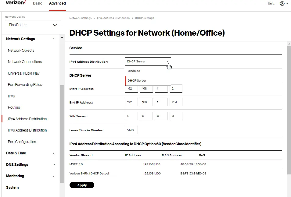 DHCP Settings for Network (Home/Office)
