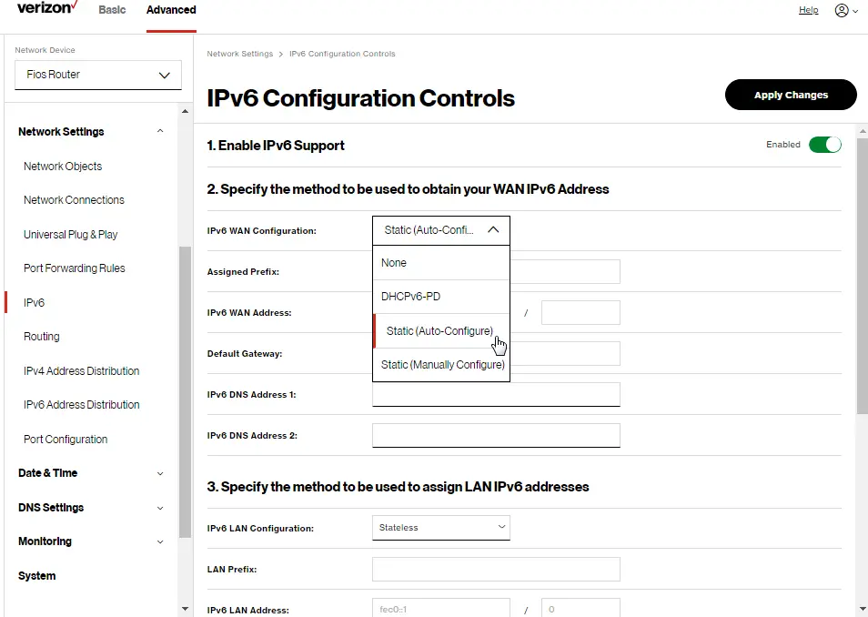 IPv6 Configuration Control: WAN selection