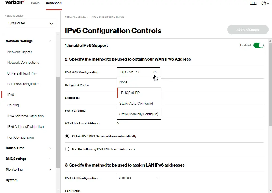 IPv6 WAN Configuration: DHCPv6